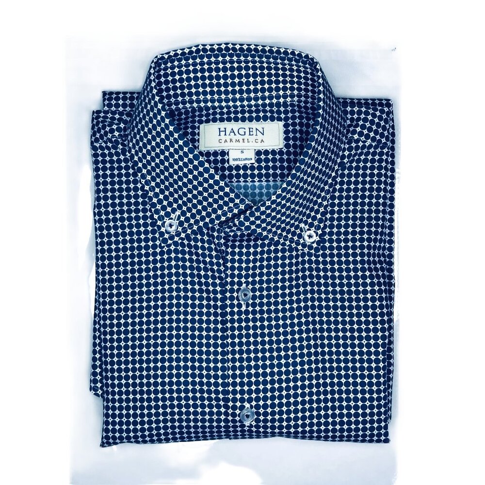 Hagen Carmel CA Mens Cotton SS Shirt Navy Blue Polka Dots Size S, FREE SHIPPING!